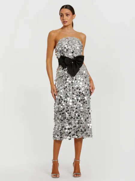 Silver Strapless Paillette Column Midi Dress With Bow